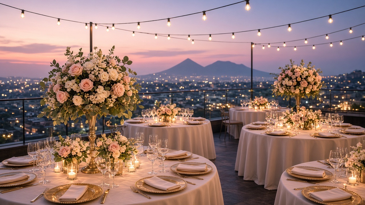 Terraza Blu Rooftop decorada con rosas al atardecer